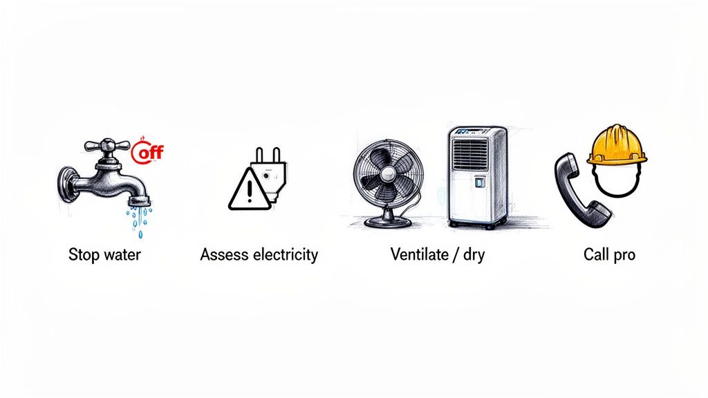 Four icons depicting steps for water damage remediation: stop water, assess electricity, ventilate/dry, call professional.