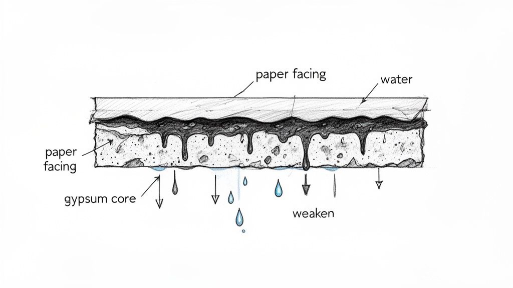 A diagram illustrates water seeping through a gypsum board, showing paper facing, gypsum core, and water causing weakening and drips.