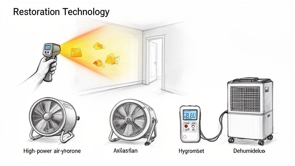 Illustration of water damage restoration equipment including fans, thermometer, hygrometer, and dehumidifier.