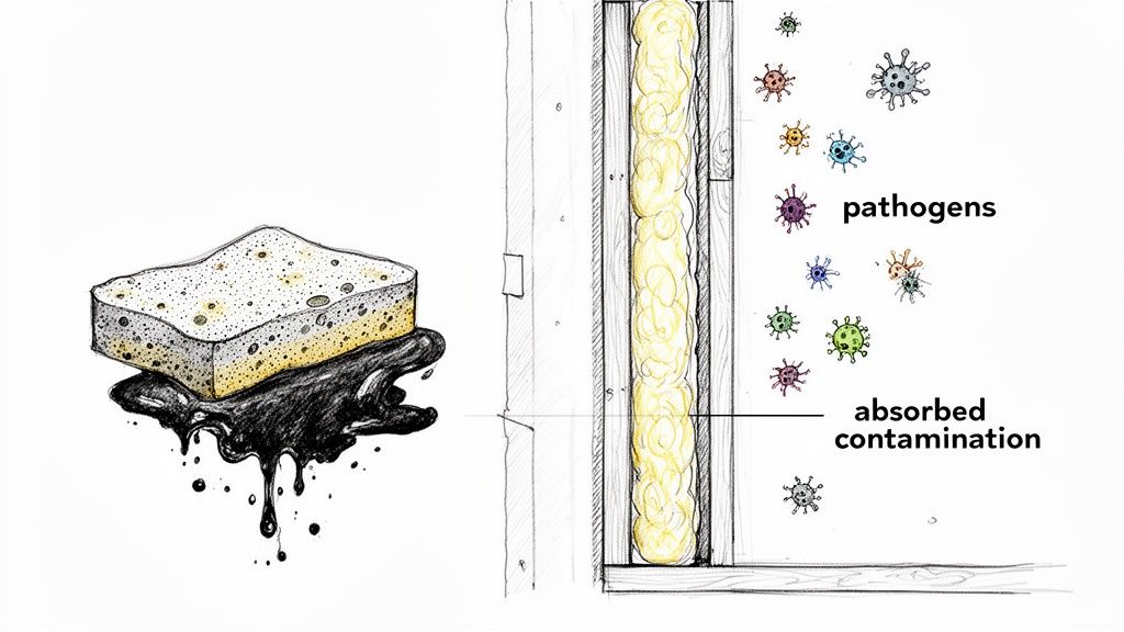 Illustration showing a sponge absorbing liquid and wall insulation absorbing airborne pathogens, representing contamination.