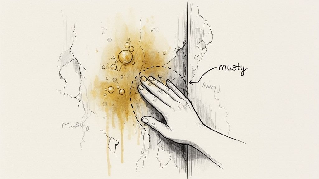 Hand touching a musty, cracked wall with yellowish water damage and bubbles, indicating moisture issues.
