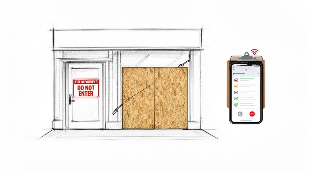 A boarded-up commercial building with a 'fire department do not enter' sign, alongside a smartphone app for damage inspection.