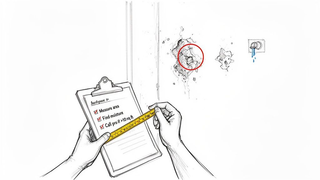 A person holds a checklist and measuring tape, inspecting a wall with water damage and mold.
