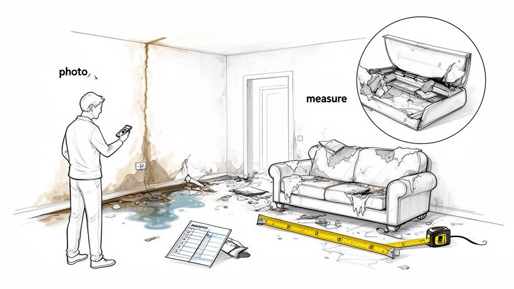 An insurance adjuster inspects a water-damaged room, taking photos and measurements of the flood damage.
