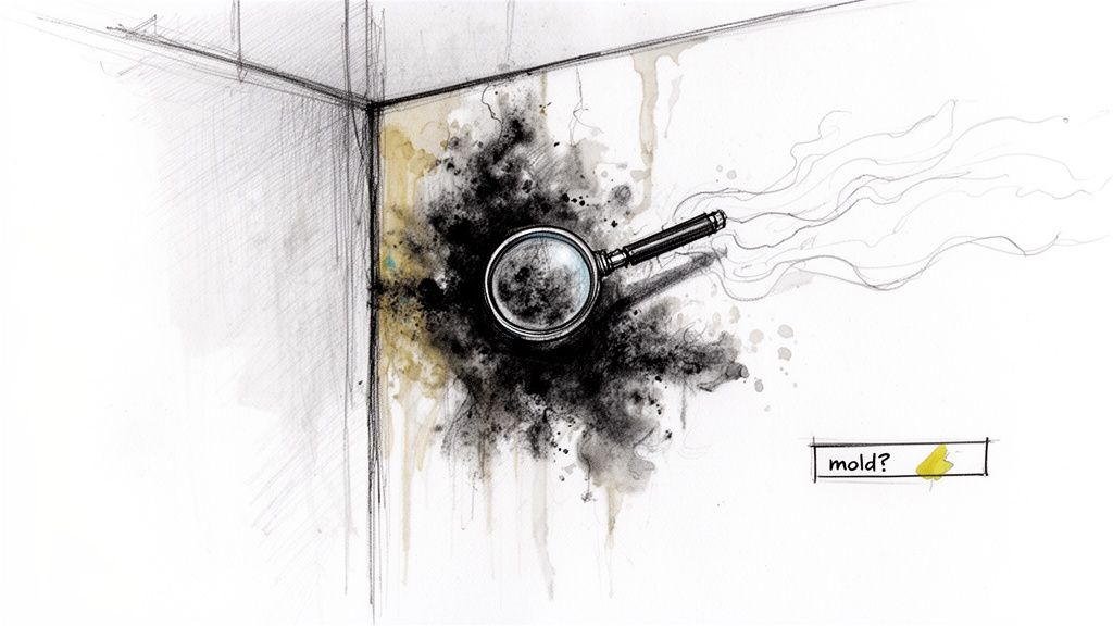 An illustration of a room corner with black mold, a magnifying glass, and airborne particles, asking 'mold?'