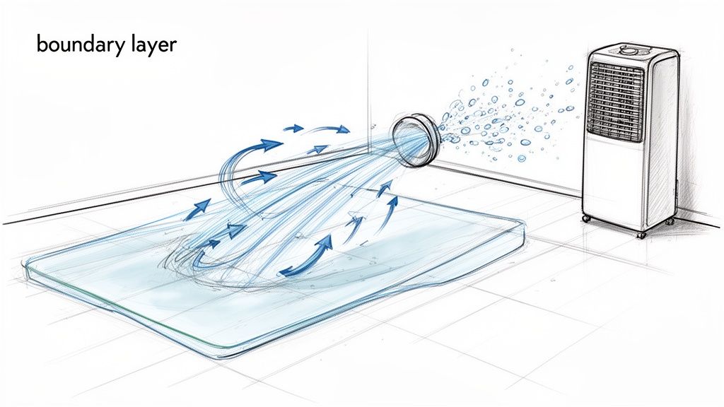 Diagram illustrating airflow from a fan over a flat surface, showing a boundary layer effect for drying.