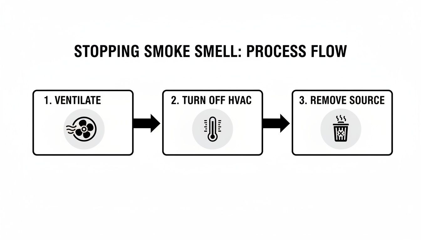 Process flow diagram illustrating three steps to stop smoke smell: ventilate, turn off HVAC, remove source.