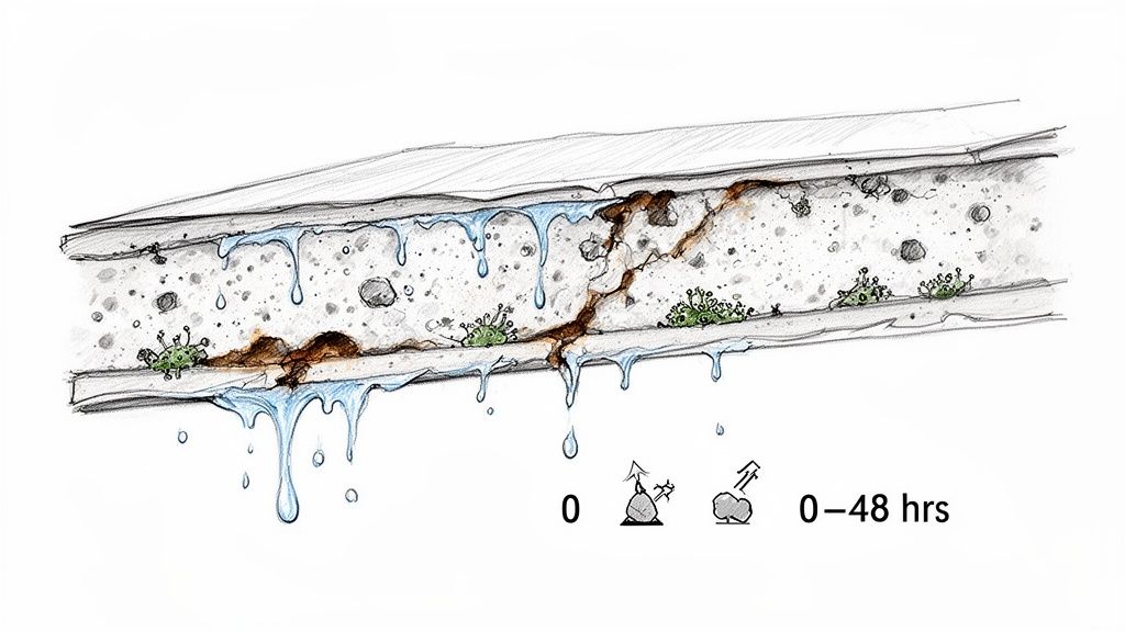 Cross-section of cracked concrete with water dripping, moss-like growth, and rust, illustrating degradation.
