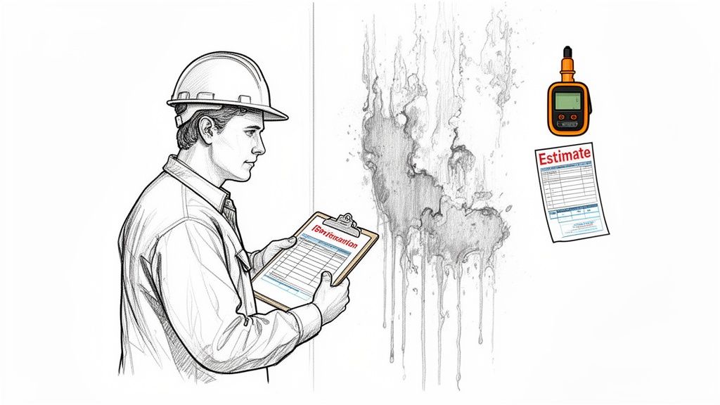 A professional in a hard hat inspects extensive water damage on a wall, holding a clipboard for assessment.