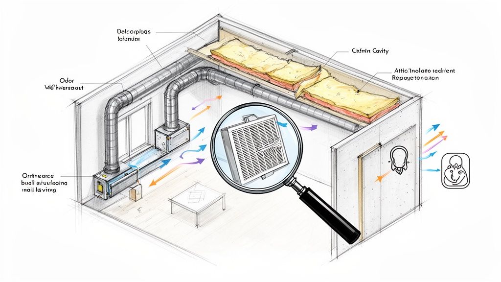 Diagram of a home's air purification system, showing ductwork, insulation, and a magnified, dirty air filter managing airflow.