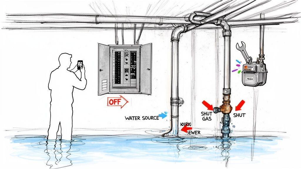 A person in a flooded basement taking a photo, with clear instructions to shut off electricity, water, and gas.