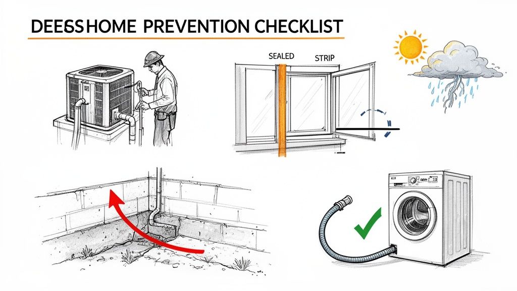 Home prevention checklist with illustrations for AC maintenance, window sealing, foundation drainage, and appliance connections.