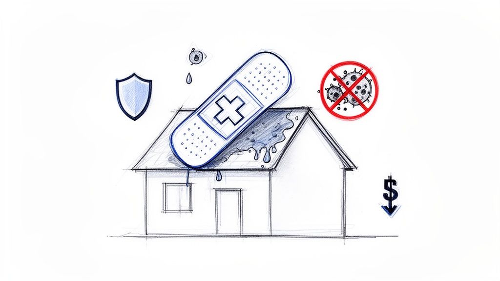 Sketch showing a house with a large band-aid on its roof, symbolizing water damage mitigation, protection, and cost reduction.