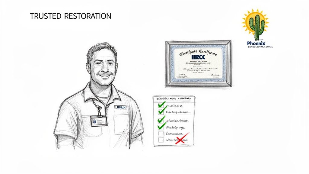 A smiling certified restoration technician next to an IIRCC certificate and a checklist, representing trusted services.