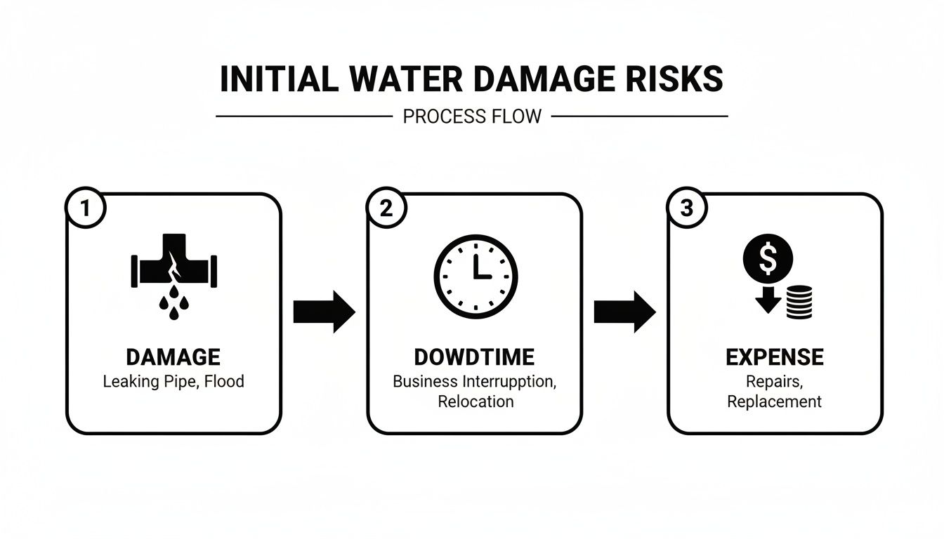 Flowchart showing initial water damage risks: leaking pipe, downtime, and financial expense.