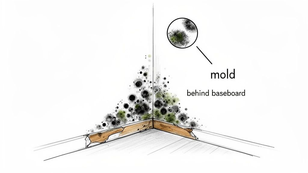 Illustration of dark green and black mold growth behind a damaged baseboard in a room corner.