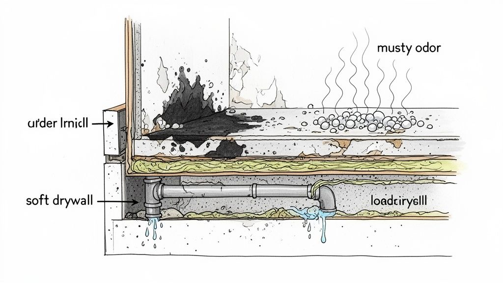 Cross-section illustrating water damage, black mold growth on drywall, a leaking pipe, and musty odor in a building.