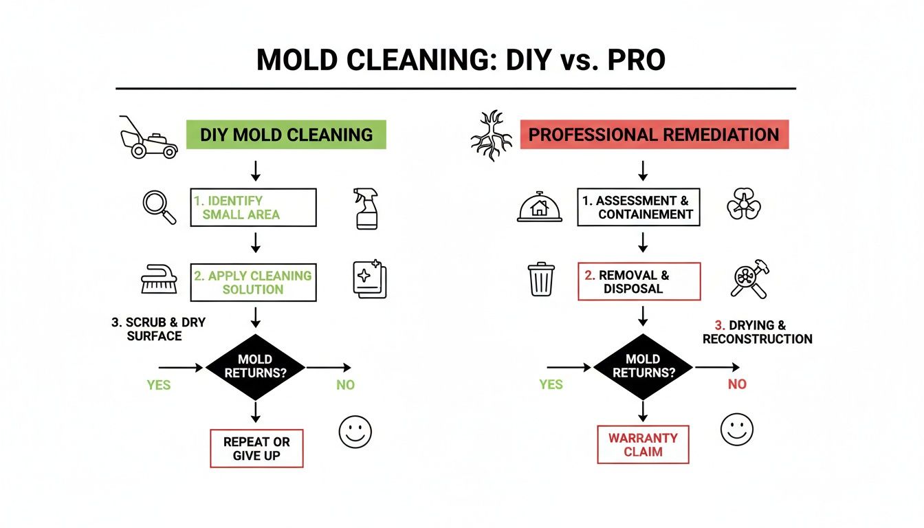 Flowchart comparing DIY mold cleaning steps with professional mold remediation processes and outcomes.