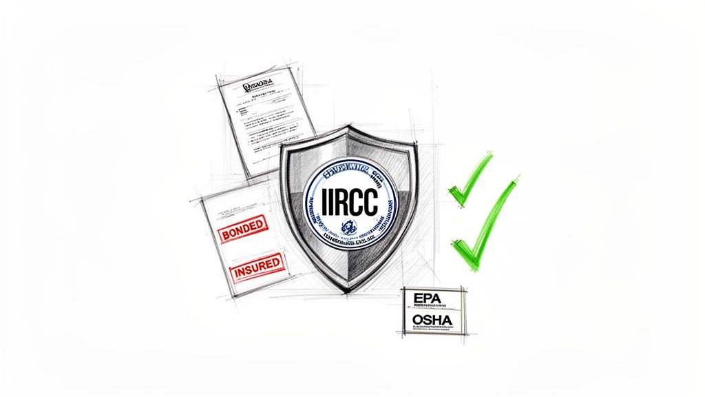 Shield with IIRCC certification, bonded, insured documents, OSHA, EPA compliance, and green checkmarks.