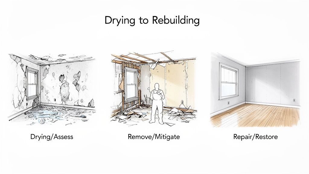 Three illustrations depict the process of water damage restoration: drying/assessment, removal/mitigation, and repair/restore.