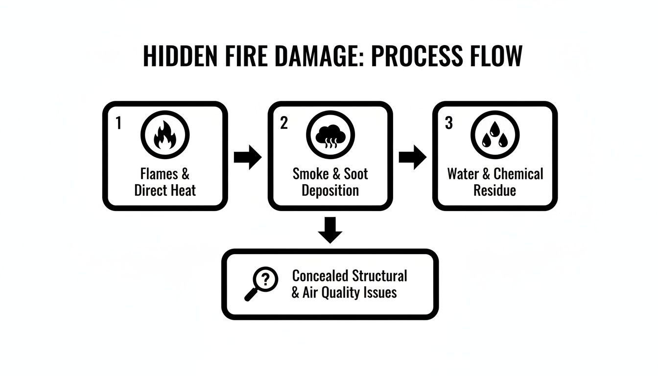 Process flow diagram illustrates hidden fire damage, from flames, smoke, and water to concealed structural and air quality issues.