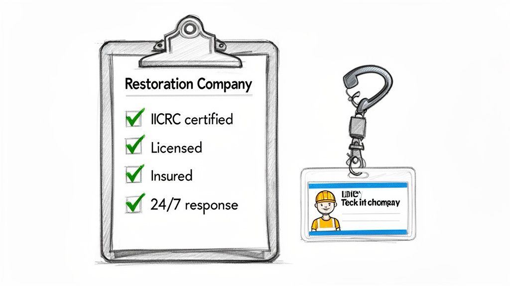 A sketch of a restoration company checklist highlighting IICRC certified, licensed, insured, and 24/7 response, with a technician's ID.