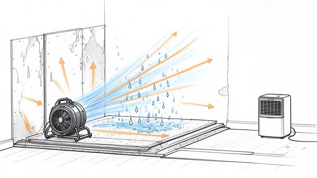 A fan and dehumidifier dry a water-damaged room, illustrating airflow for moisture evaporation.