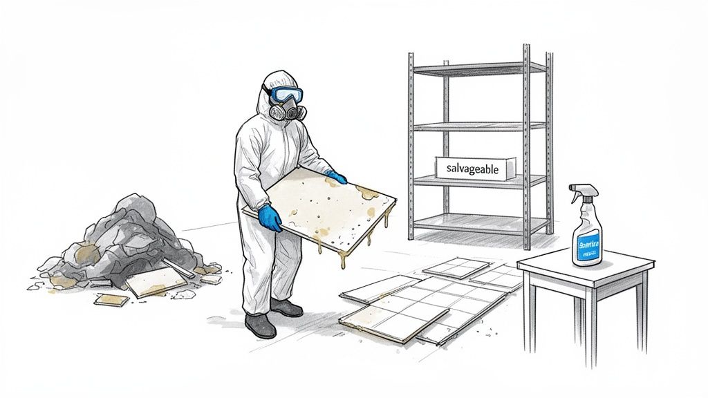 Person in hazmat suit cleans dirty, wet tiles after a flood, categorizing salvageable items.