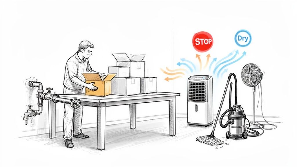 Man addresses water damage with boxes, a leaking pipe, dehumidifier, mop, vacuum, and fan.