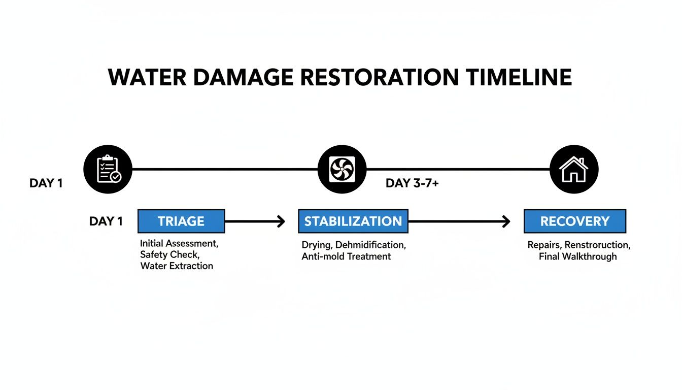 Timeline illustrating the water damage restoration process with Triage, Stabilization, and Recovery stages.