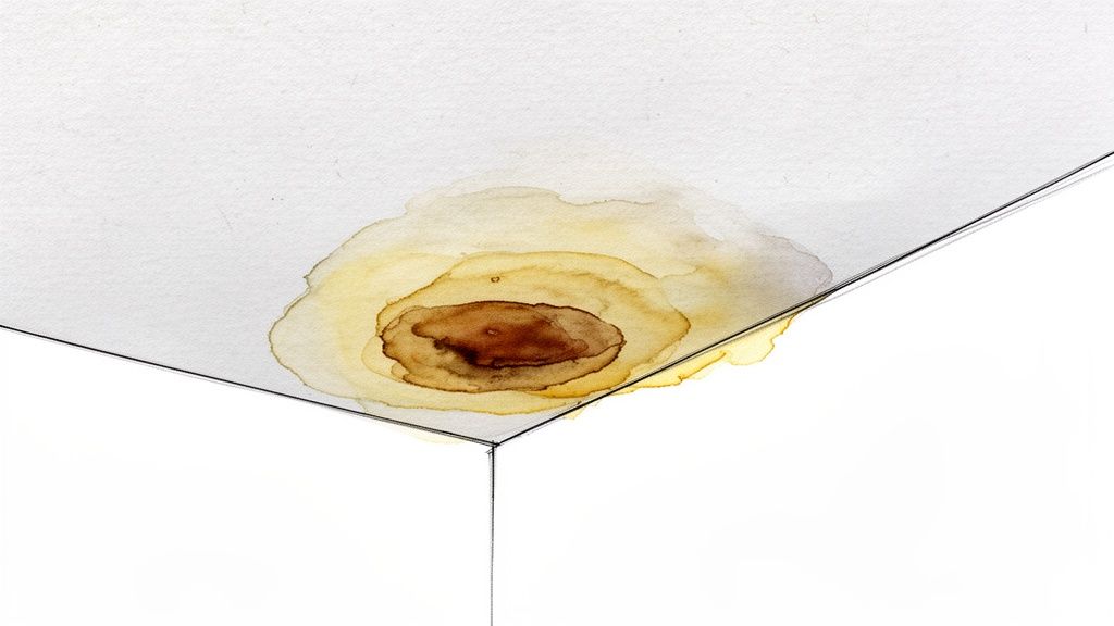 A large, severe brown water stain on a white ceiling in a room corner, indicating a leak.