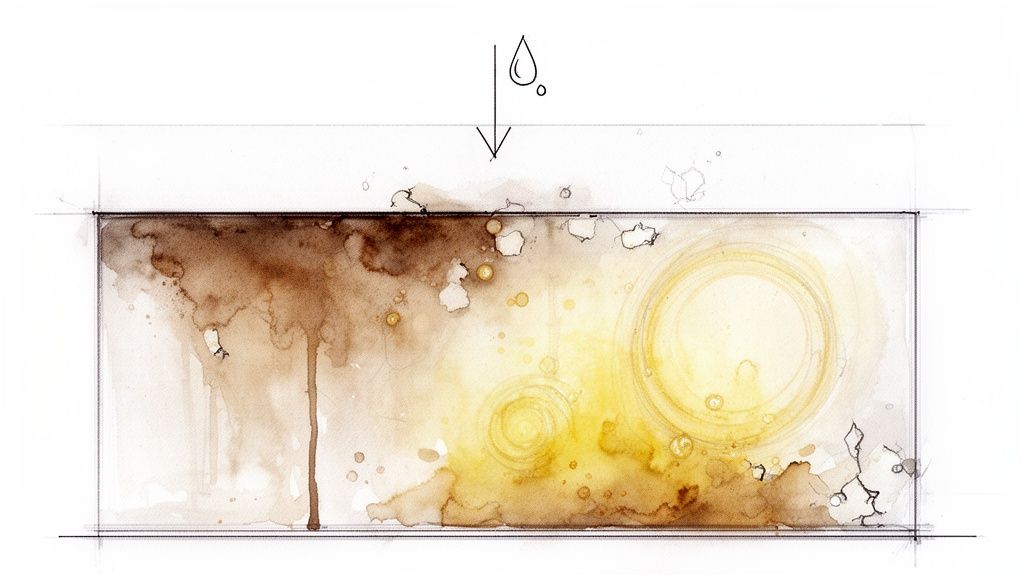 An abstract watercolor illustration showing brown and yellow water stains and circular ripples, with a falling water droplet and arrow.