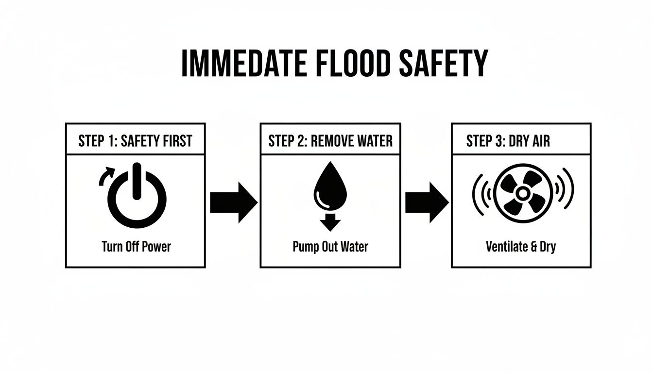 A three-step guide for immediate flood safety: turn off power, pump out water, and ventilate to dry.