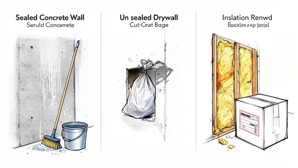 Illustration showing three wall types: sealed concrete, unsealed drywall with a bag, and an insulated wall.