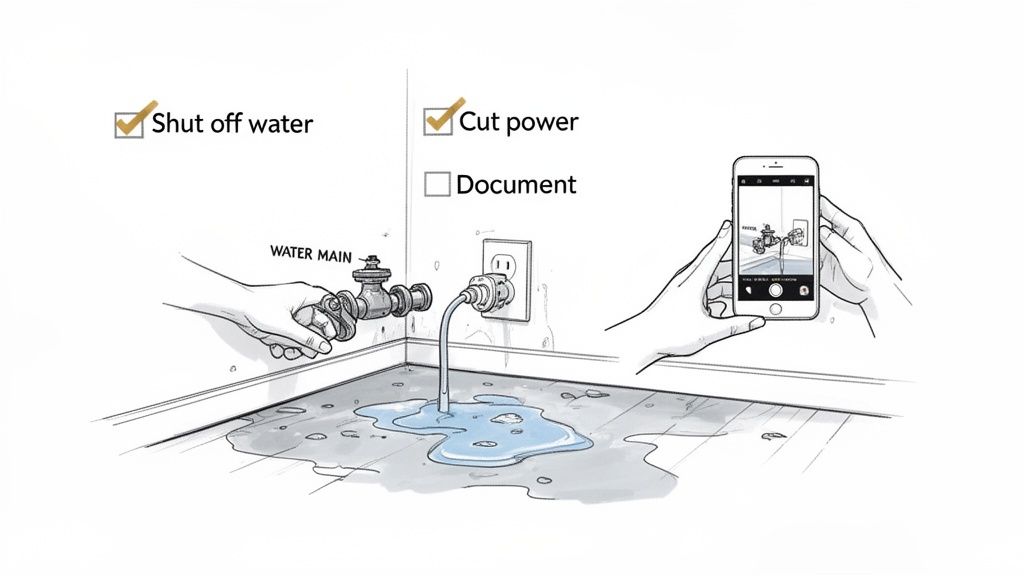 Illustration showing emergency actions for a water leak: shutting off water, cutting power, and documenting with a phone.