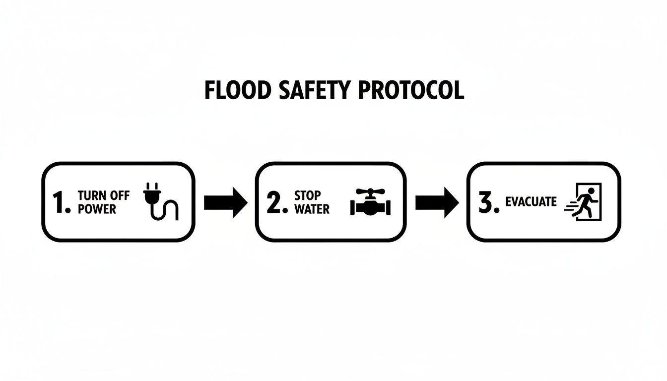 A flood safety protocol flowchart illustrating three essential steps: turn off power, stop water, and evacuate.