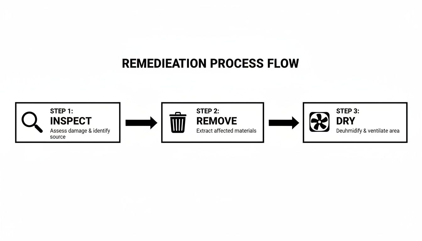 Flowchart showing a 3-step remediation process for water damage: Inspect, Remove, Dry.
