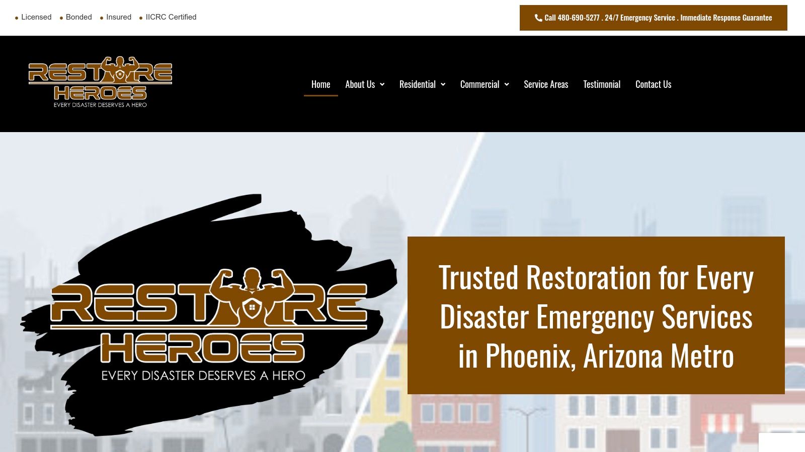 A screenshot of the Restore Heroes website homepage, showing their services and contact information.