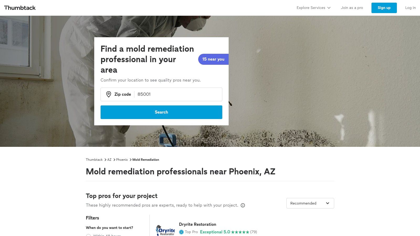 A screenshot of the Thumbtack interface showing a search for mold remediation services, with several professional profiles listed along with their ratings and service highlights.