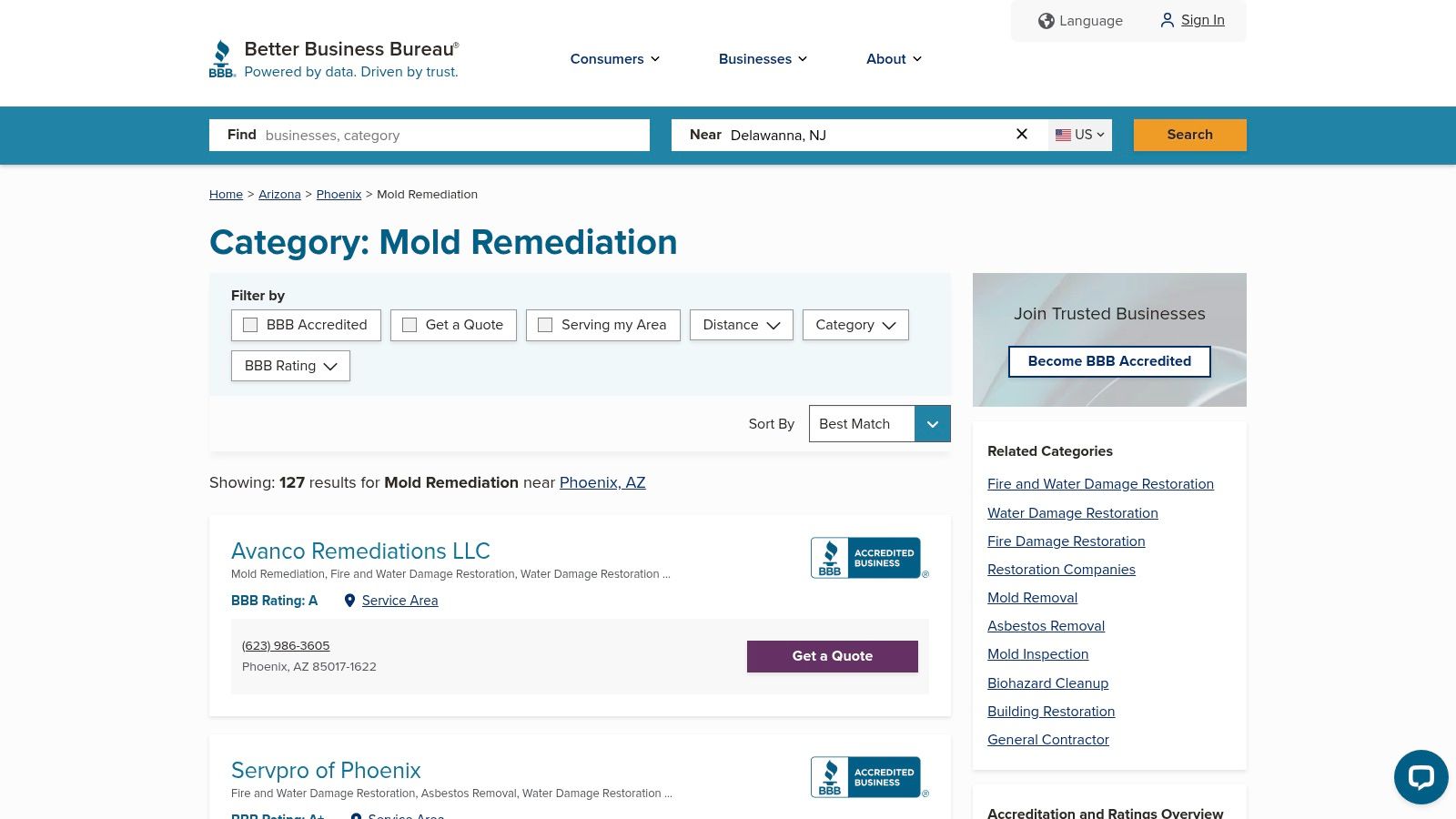 A screenshot of the Better Business Bureau website showing a list of local mold remediation companies, their BBB ratings, accreditation status, and customer review scores.