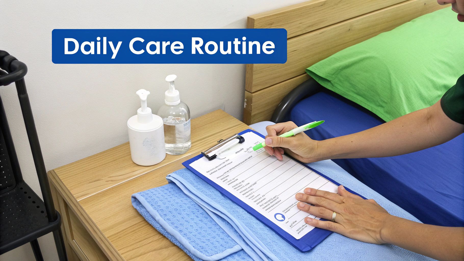 A caregiver's hands document a daily care routine on a clipboard next to hand sanitizers in a home setting.