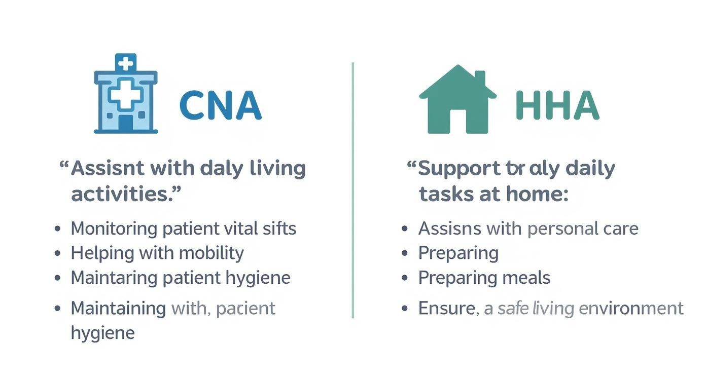 Infographic comparing the duties of a CNA in a hospital setting versus an HHA in a home setting.