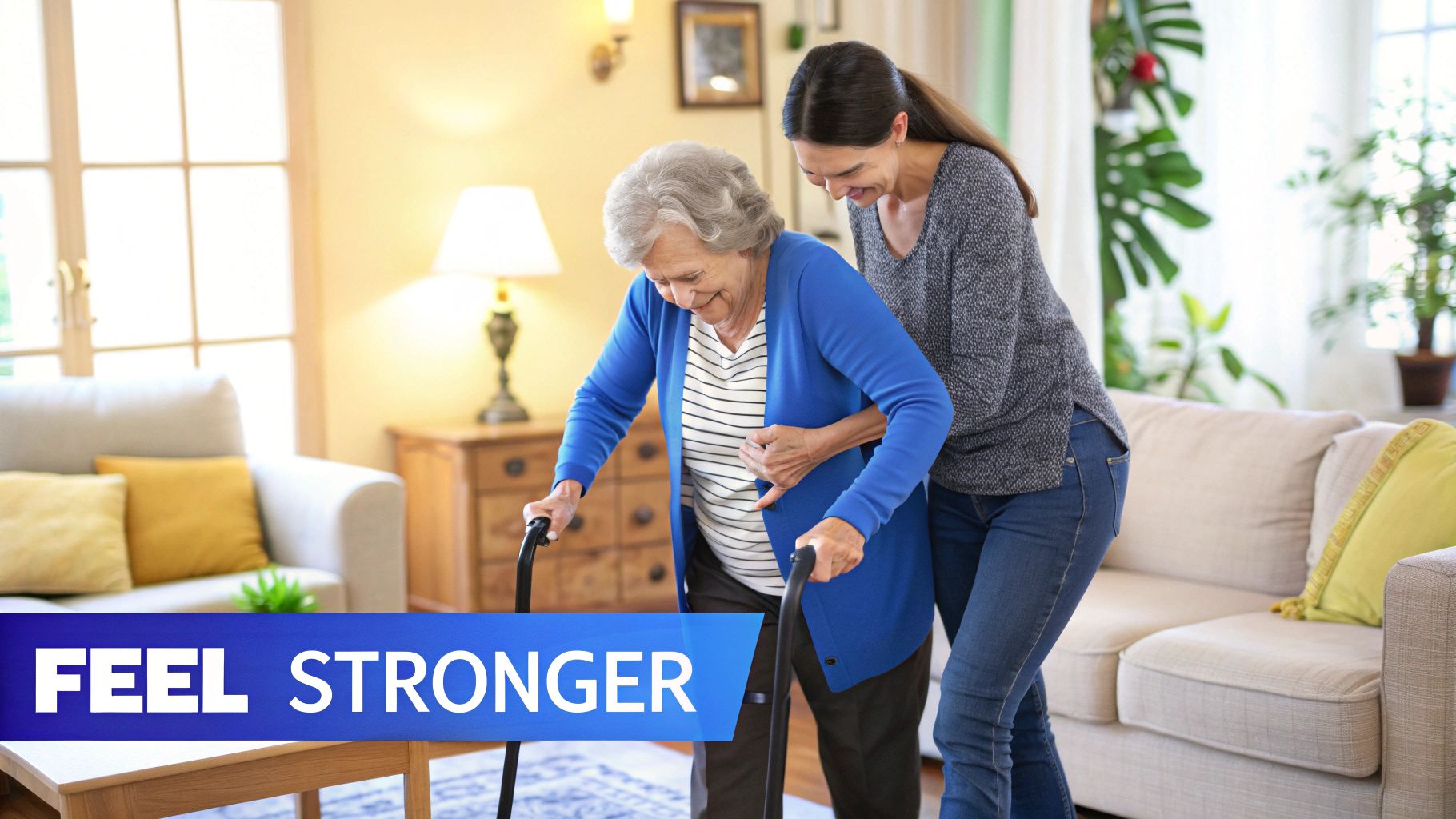 A senior woman working with a physical therapist in her living room
