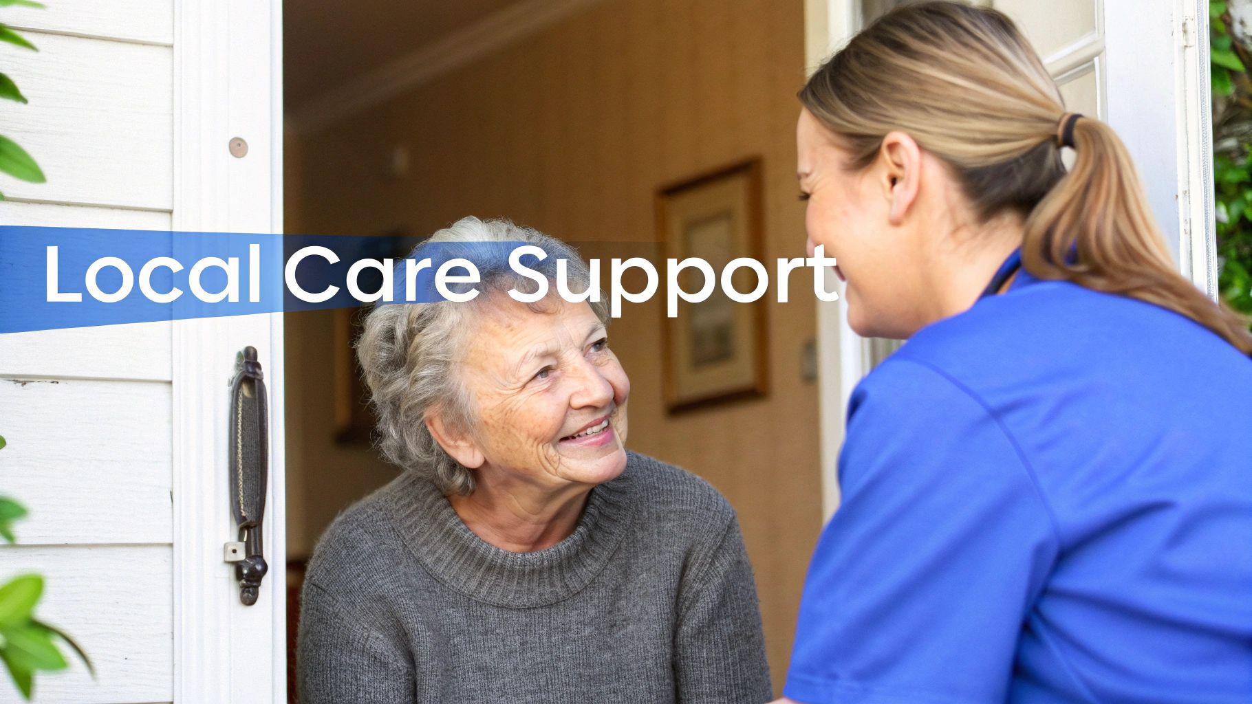 Caregiver in blue uniform greeting smiling senior woman at home doorway for local care support