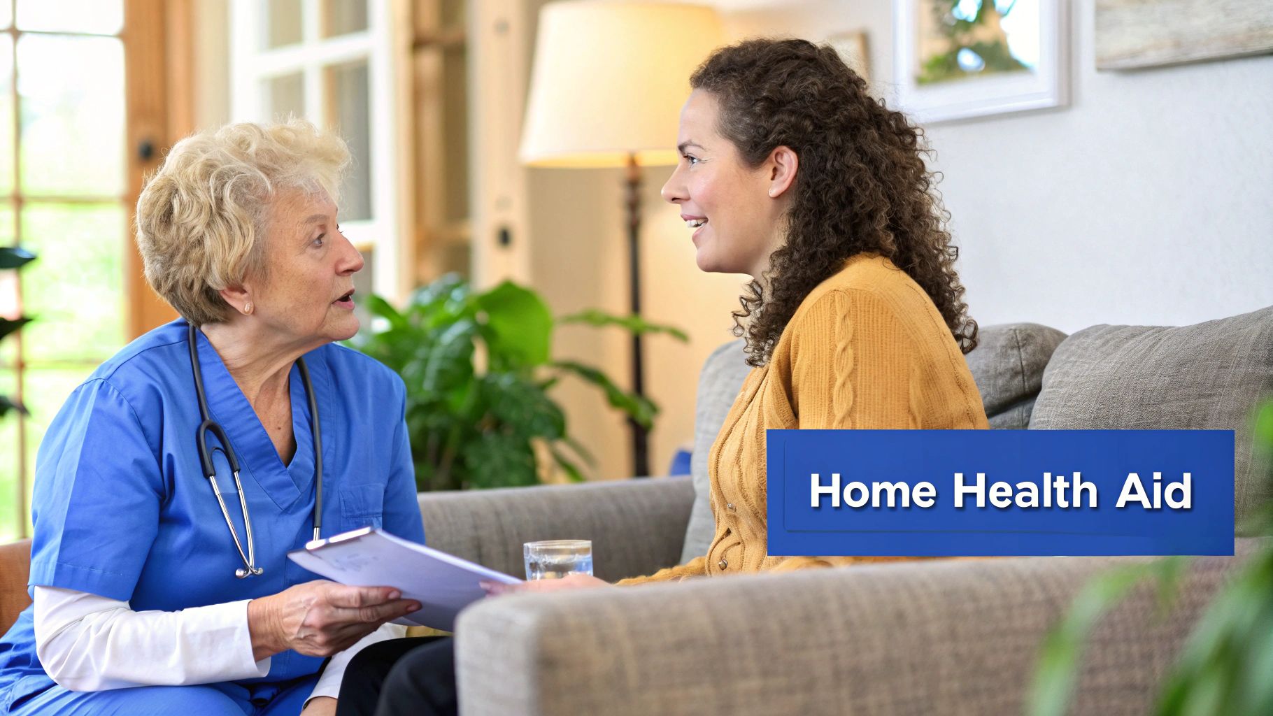 An older person receiving care from a home health aide in a bright, comfortable living room.