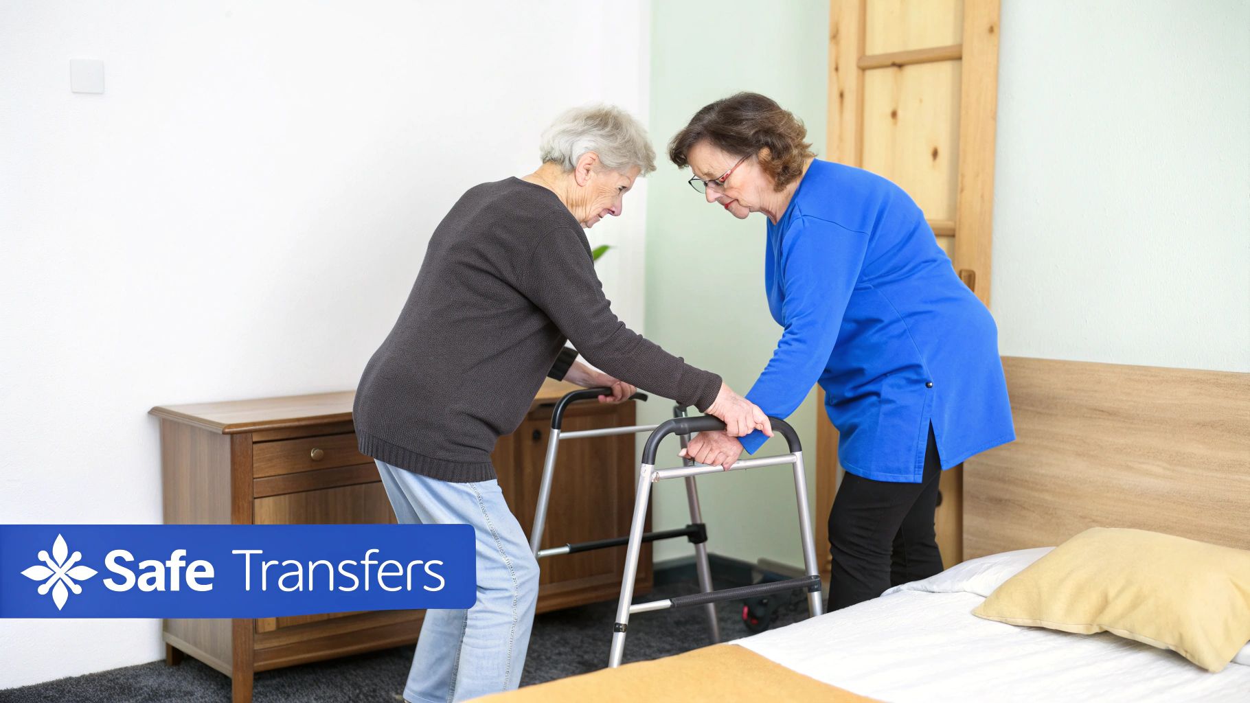A caregiver assists an elderly woman using a walker for a safe transfer from a bed.
