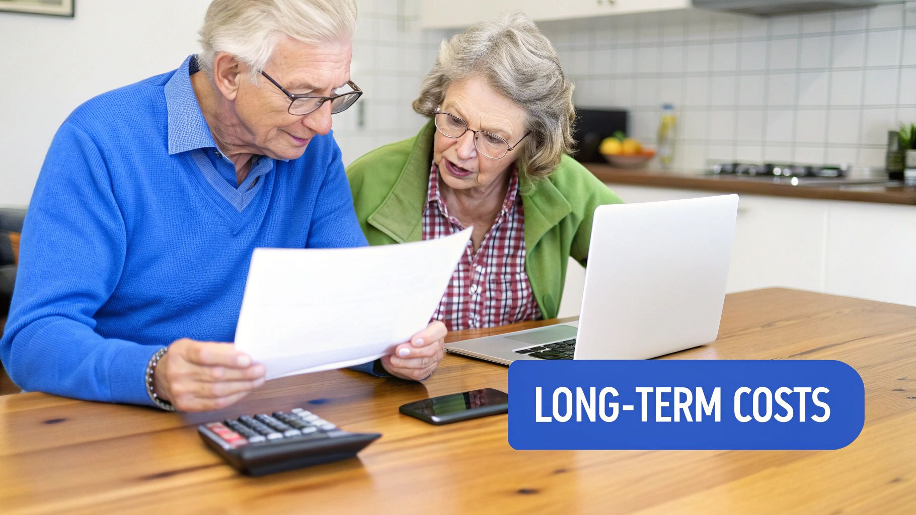 A smiling elderly woman sitting in a comfortable armchair at home.