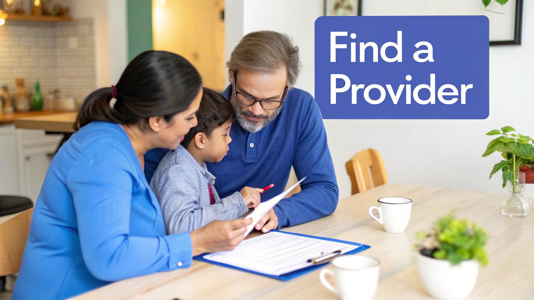A family of three, including parents and a child, reviews documents at a table with a 'Find a Provider' overlay.