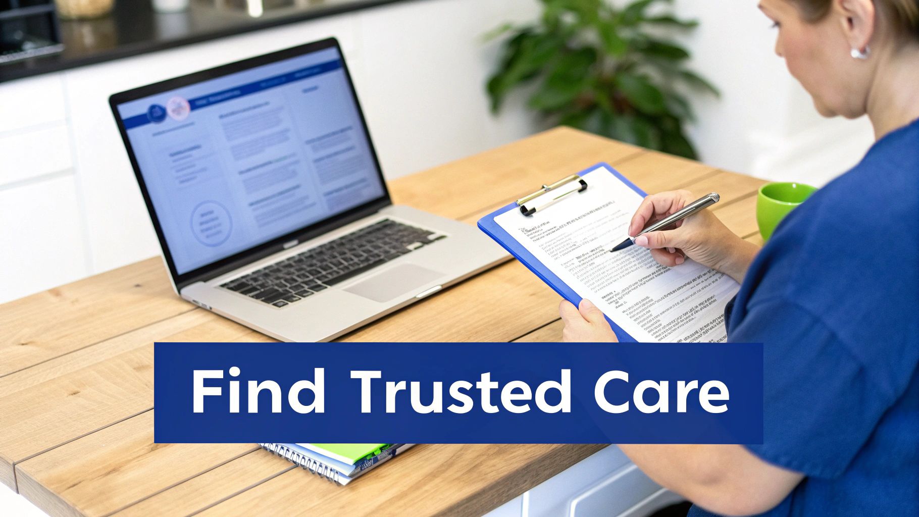 A person reviews documents and researches home care options on a laptop at a wooden table.