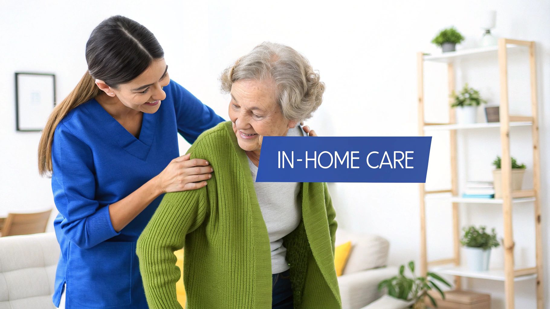 A kind caregiver in blue scrubs helps an elderly woman stand in her home.